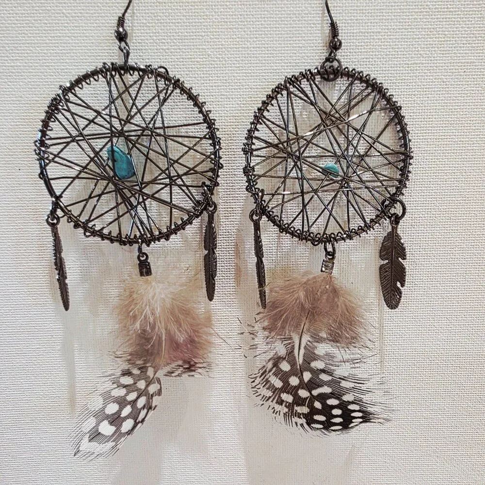 Dreamcatcher Metal Woven Feather Accent Large Long SW Dangle Pierced Earrings